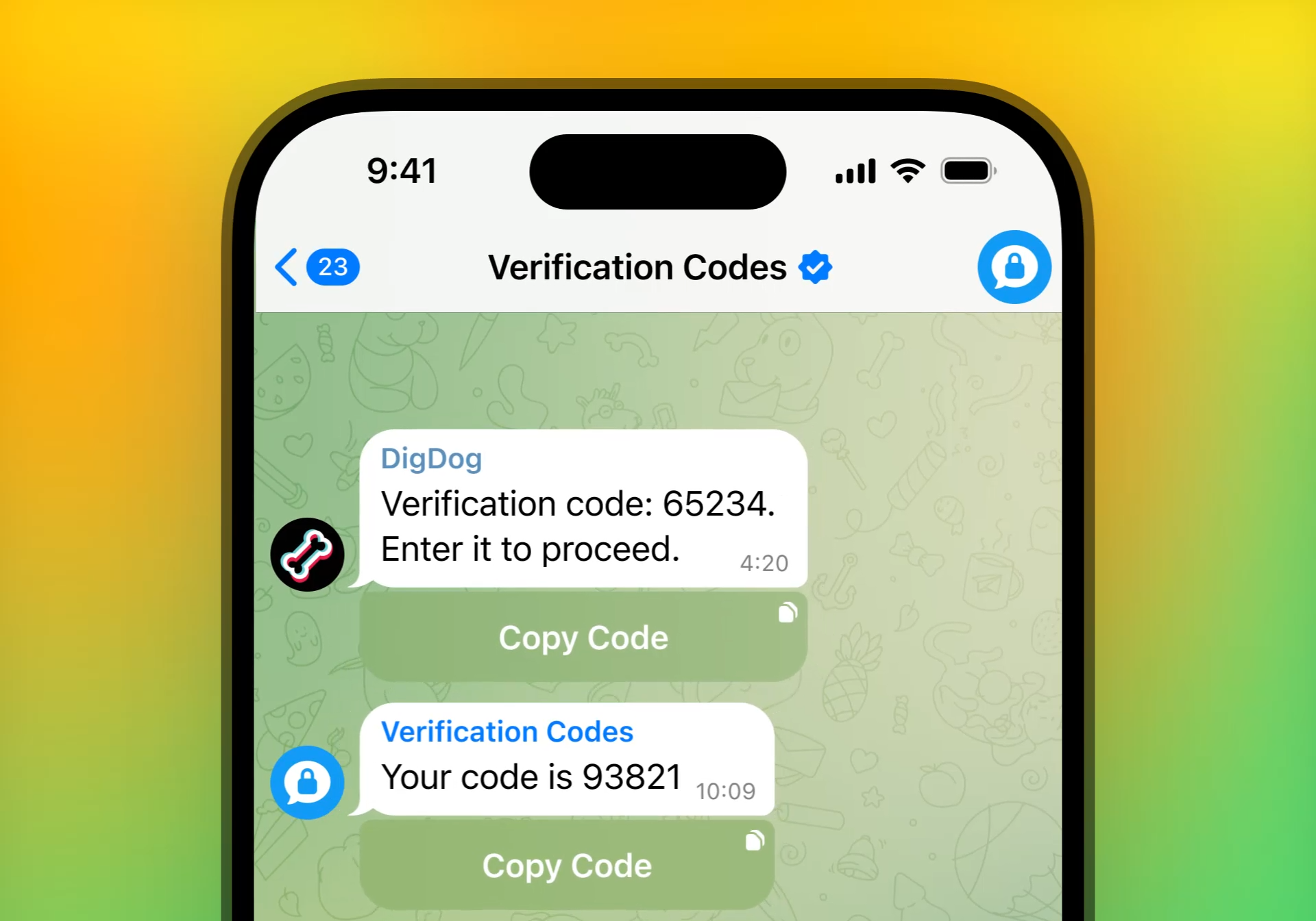 Службові коди підтвердження в Telegram на екрані iPhone