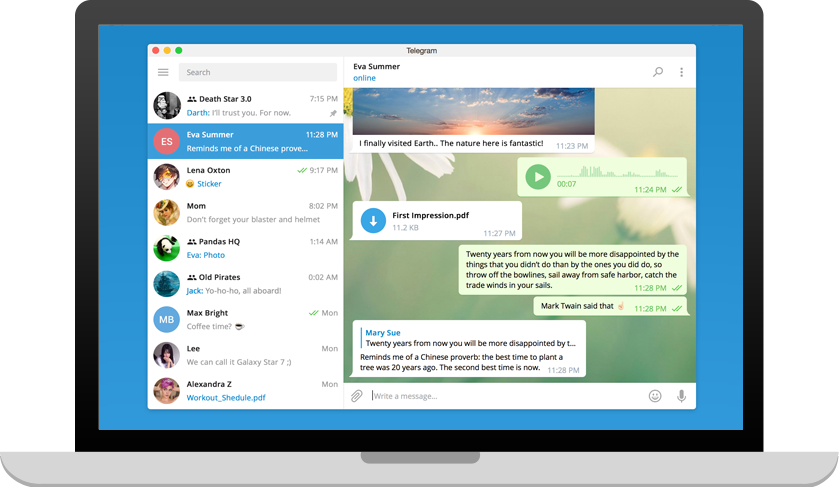 Telegram Desktop для Windows — вікно застосунку зі списком чатів